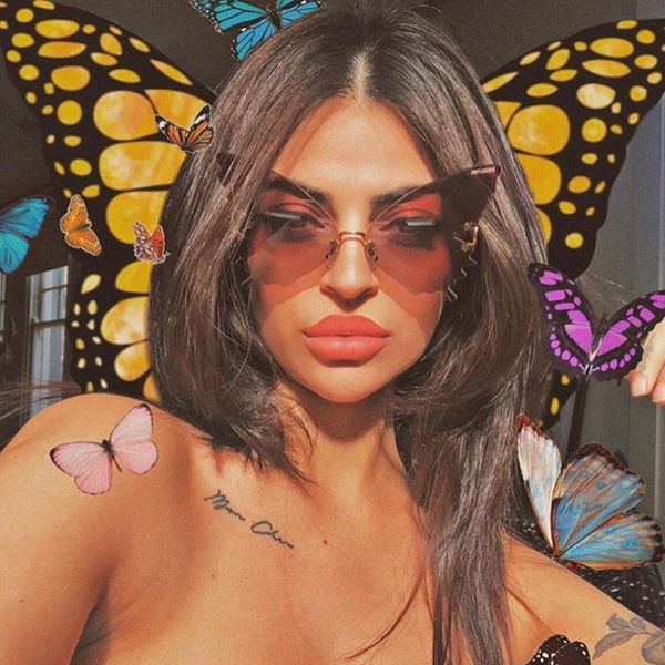 

2020 luxury oversized rimless sunglasses women unique butterfly shape gradient sun glasses female shades outdoor sunglasses, White;black