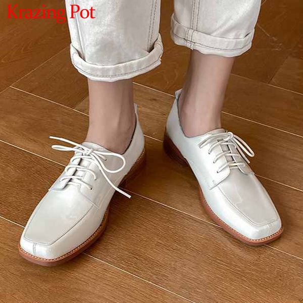 

krazing pot new simple style fashion handsome leather shoes square toe med heels solid women daily wear cozy neutral pumps l31, Black
