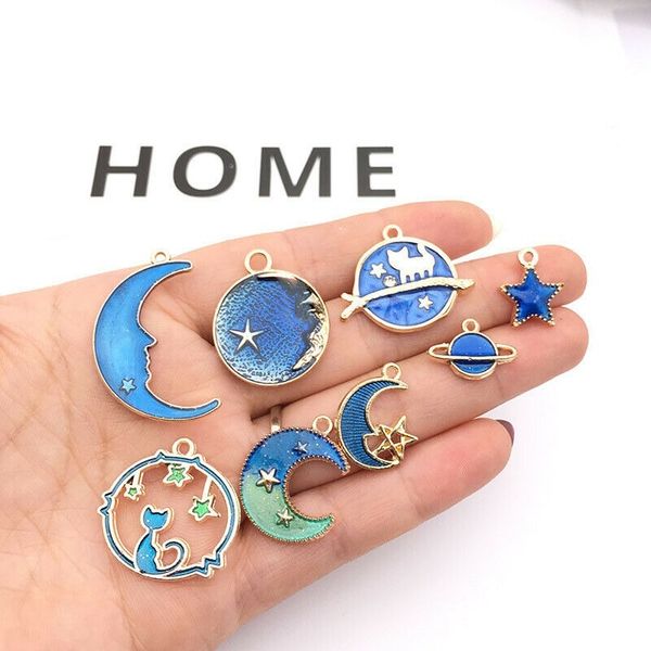 

charms 8pcs/set fashion pendant with two colors moon/star/planet enamel shape floating for jewelry making bracelet necklace, Bronze;silver