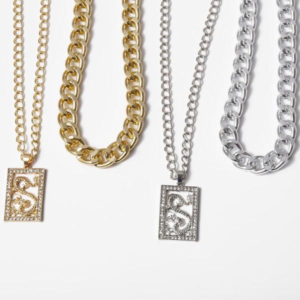 

fashion hiphop double layer crystal hollow rectangle dragon-shaped pendant choker necklace thick chain creative necklace jewelry, Silver