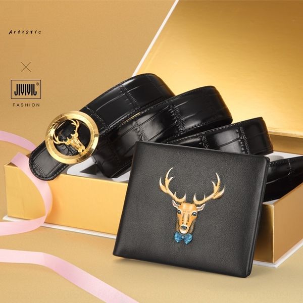 

new genuine leather wallet gift set trendy brand first layer cowhide christmas deer head high-end wallet belt belt for boyfriend clh0h clh0h, Black;brown