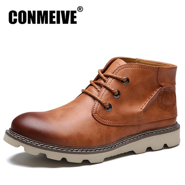 

fashion winter men boots leather casual man shoes comfortable keep warm ankle boots lace-up non-slip work safety shoes, Black