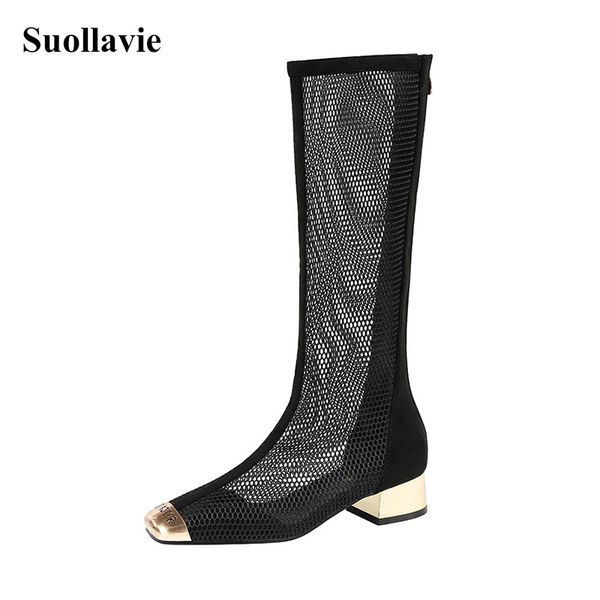 

fashion mid-calf for high 34.5cm mesh ladies boots hautes botas designe metal women's boots rear zipper chunky heels shoes, Black
