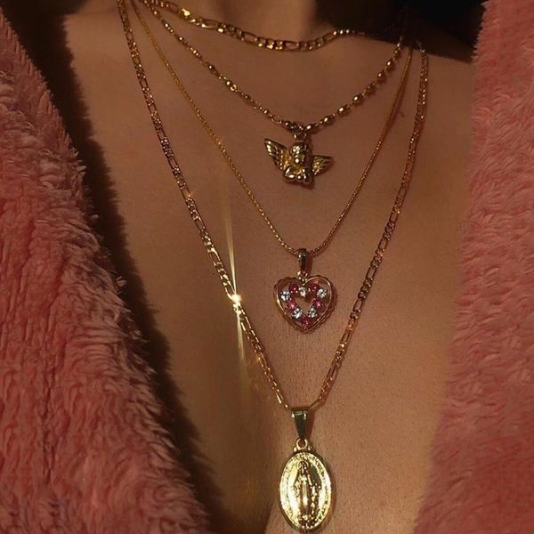 

pendant necklaces bohemian fashion women heart angel virgin mary gold chain crystal necklace personality party jewelry accessories, Silver