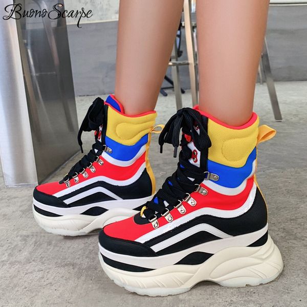 

high women sneakers mixed color platform heels ankle boots thick bottom wedges women botas mujer fashion laces female shoes, Black