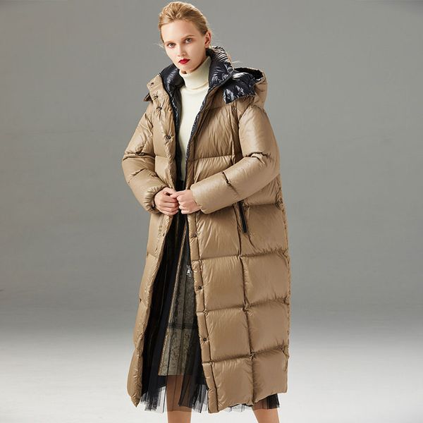

women 2020 winter new fashion white duck down jackets female mid-long solid color hooded outwears ladies loose thicken coat d121, Black