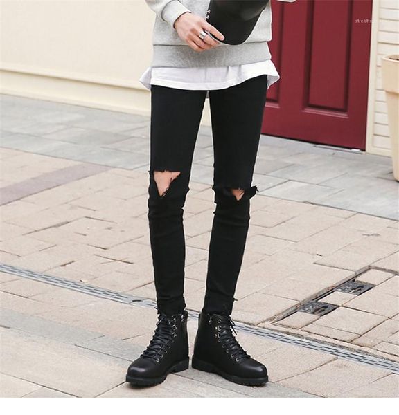 

jeans fashion slim black triangle ripped pencil pants autumn mid waist mens jeans street style mens, Blue