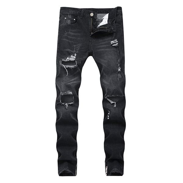 

men's jeans cotton ripped men hip-hop pants straight denim trousers casual, Blue