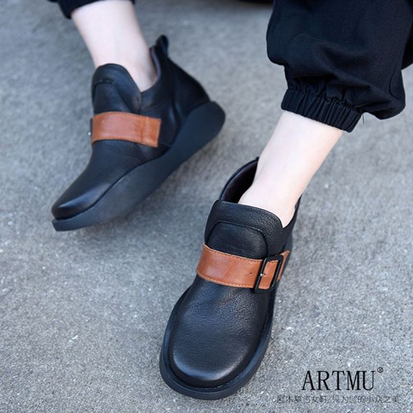 

artmu origional vintage belt buckle genuine leather platform boots handsome ankle boots autumn new 2020 handmade women's shoes, Black