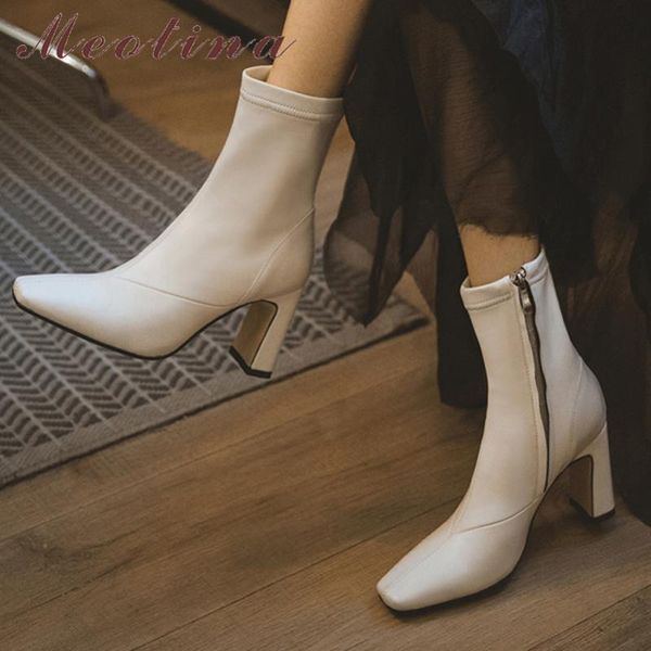 

meotina из натуральной кожи на высоком каблуке середины икры сапоги женщин обувь площади toe коренастый каблуках zip короткие сапоги леди ос, Black