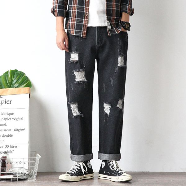 

2020 autumn winter men's patchwork ripped embroidered stretch jeans trendy holes straight denim trouers, Blue