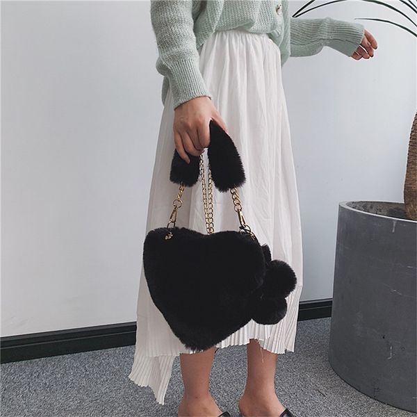 

winter plush faux fur heart bag for women 2020 lady hair balls handbag shoulder bag kawaii girls big love messenger bolso #4