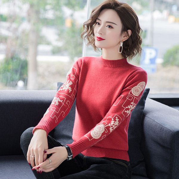 

women's sweaters panhua embroidered sweater autumn and winter clothing 2021 korean half high neck bottoming basic pullovers, White;black