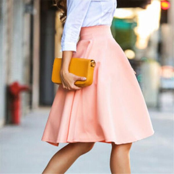 

women summer high waist long skirt solid color ladies plain skater flared pleated skirt new fashion female mini skirts sundress, Black