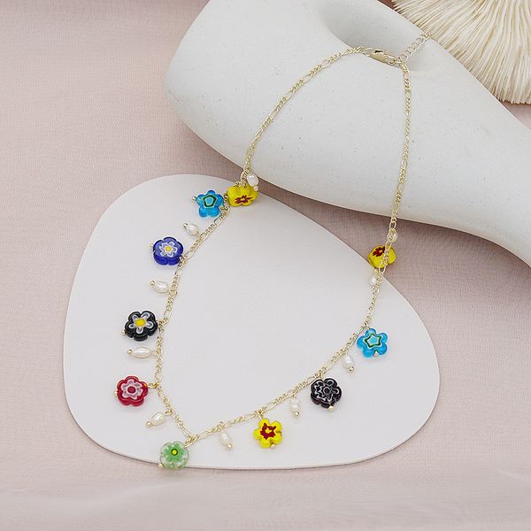 

handmade rainbow natural pearl flowers pendant necklaces for women colorful glass floral chain chokers necklace holiday jewelry, Golden;silver