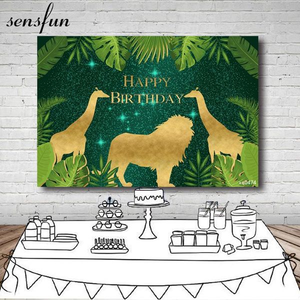 Castas da festa da selva de Safari Sensfun para meninos Aniversário Green Leave Gold Animals Grostaffe Lion Wild One Fotography Backgrounds