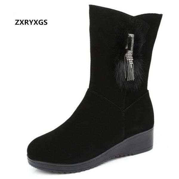 

boots est real hair tassel scrub cowhide leather flat wedges comfort warm snow in-tube women, Black