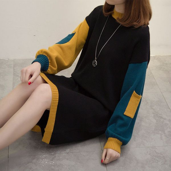 

2020 new women autumn sweater dress female long sleeve patchwork fashion plus size 4xl middle long knit pullovers dress z21, White;black