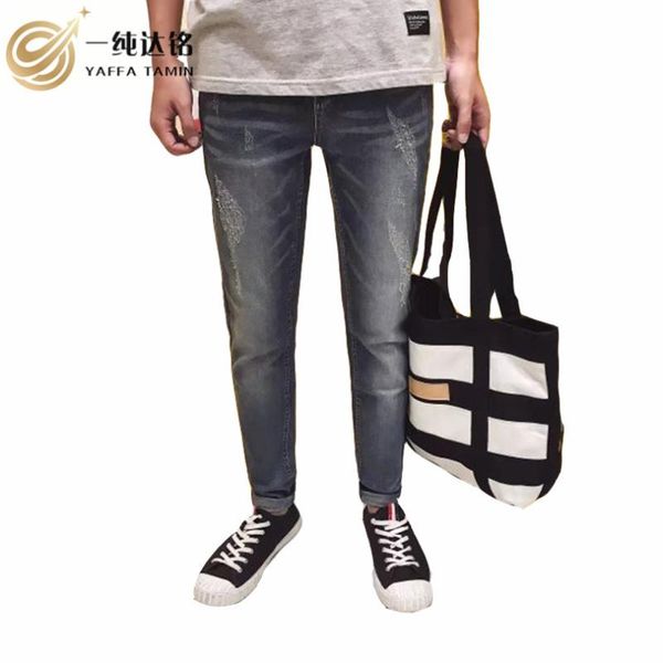 

fashion designer jeans men straight dark blue color printed mens jeans ripped cotton loose denim pants men male