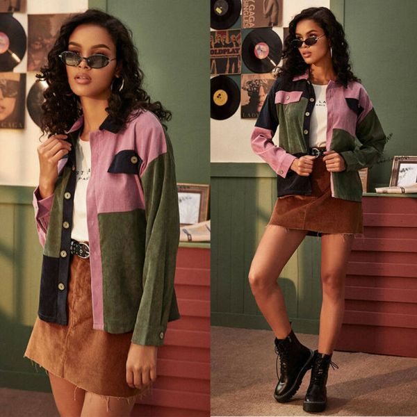 

women's corduroy patchwork jacket fall winter windbreaker coat overcoat outwear, Black;brown