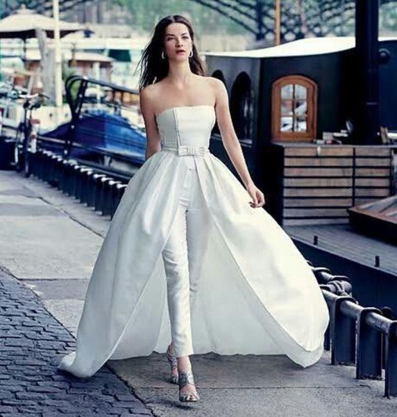 

elegant strapless jumpsuit wedding dresses bridal gowns with detachable overskirt pocket bow a line 2021 simple beach boho bride formal dres, White