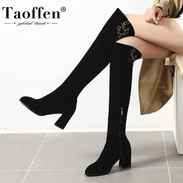 

boots taoffen women over the knee round toe thick high heel zipper flock elegant shoes female footwear winter size 33-43, Black