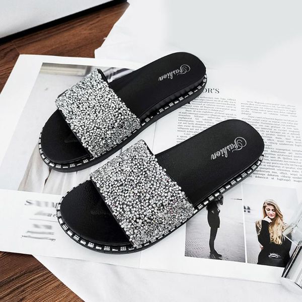 

women's slippers mixed color casual indoor floor shoes home slippers ladies open toe flat shoes summer pvc bling flats, Black