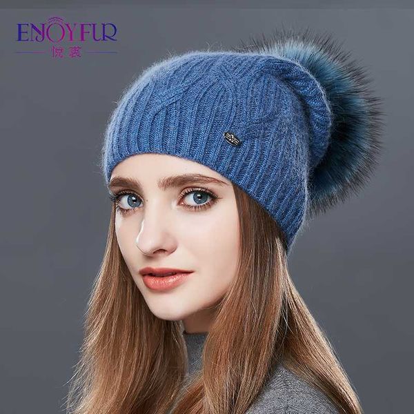 

beanie/skull caps enjoyfur cashmere women winter hats fashion link type knitted hat female girl autumn fur pompoms beanies 2021, Blue;gray