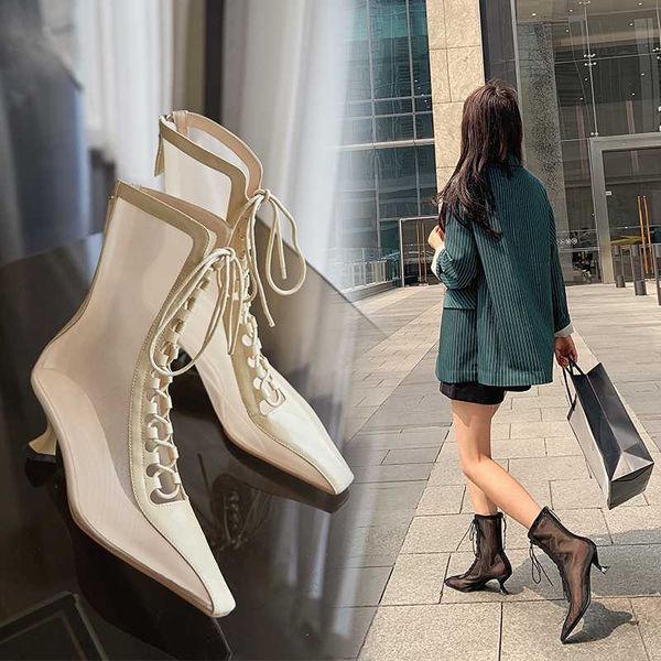 

boots strap hollow sandals net roman shoes 2021 summer square head female high heels z575, Black
