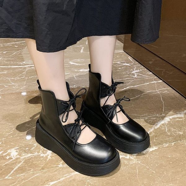

women's mid calf boots round toe lace up booties woman 2020 high heels boots, Black