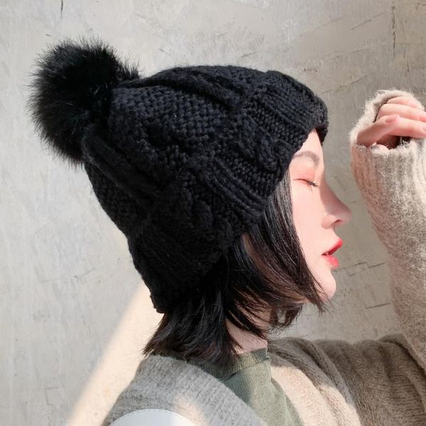 

fashion warm knitted women's hat striped winter hats for women pink fur pompom wool beanies thick skullies cap faux pom pom hat, Blue;gray