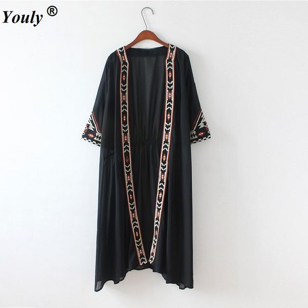 

women's blouses & shirts fashion womens black white color geometric embroidery ethnic shirt cardigan summer sunscreen kimono chiffon ma
