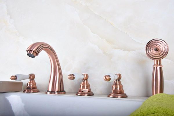 

antique red copper brass widespread deck-mounted tub 5 holes three handles bathroom tub sink basin faucet tap hand spray mtf189