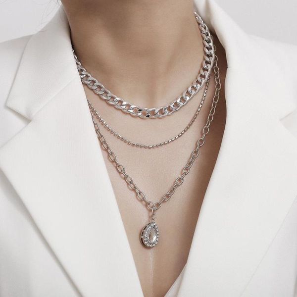

kmvexo fashion multilayer silver color chain crystal necklace couple hip hop punk water drop pendant necklaces for women men