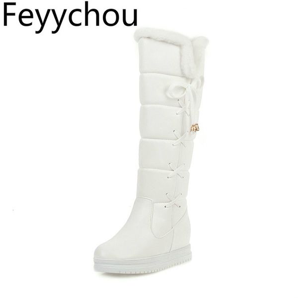 

women boots autumn winter warm med heel pu knee high plush snow boots height increasing faux fur 2020 new fashion white, Black
