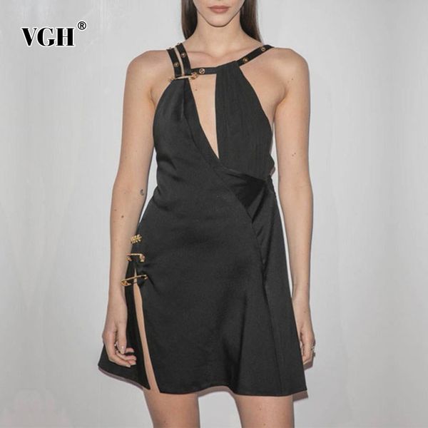 

vgh asymmetrical hollow out dress for women sleeveless backless high waist side split dresses female 2020 summer new tide, Black;gray