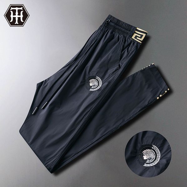 

2020 men's light luxury embroidery thin nine-point lace-up casual pants slim fit breathable small feet closed pants men's fashion, Black