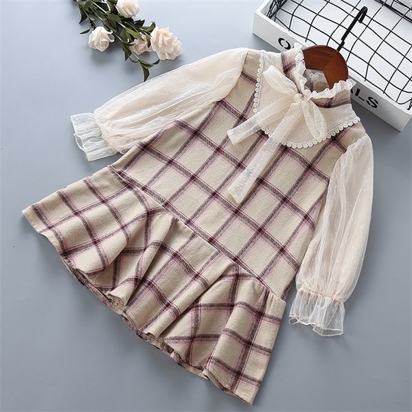 

3-7 years girl dress 2019 autumn new fashion casual plaid bow full sleeve kid children girl clothing princess dress 0924, Red;yellow