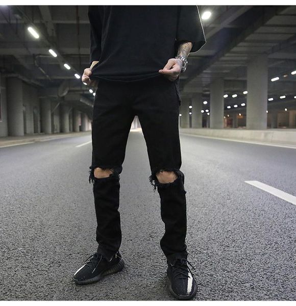

classic style ripped zipper jeans high street fashion men's all-match black slim-fit jeans, Blue