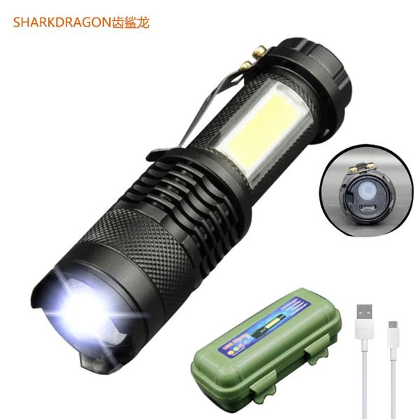 

flashlights torches mini portable led xpe+cob work light zoom torch usb charge +1* built in 14500 battery
