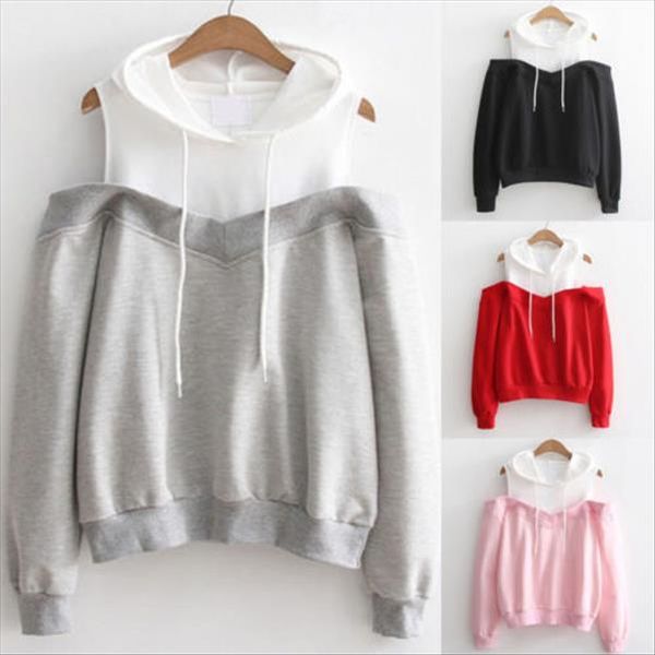 

women casual long sleeve hoodie off shoulder hooded pullover patchwork hoodies sweatshirts drop shipping good quality, Black