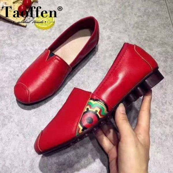 

taoffen women flats genuine leather shoes loafers spring round toe shoes lazy casual non-slip low heels size 34-41, Black