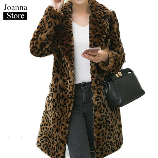

women's fur & faux leopard coat female plush slim long winter lapel coats fake thick jacket women plus size vintage elegant teddy cloth, Black