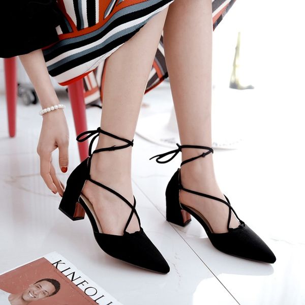 

dress shoes oversized 13 14 15 16 17 high heels sandals women woman summer ladies pointed cross lace-up thick with, Black