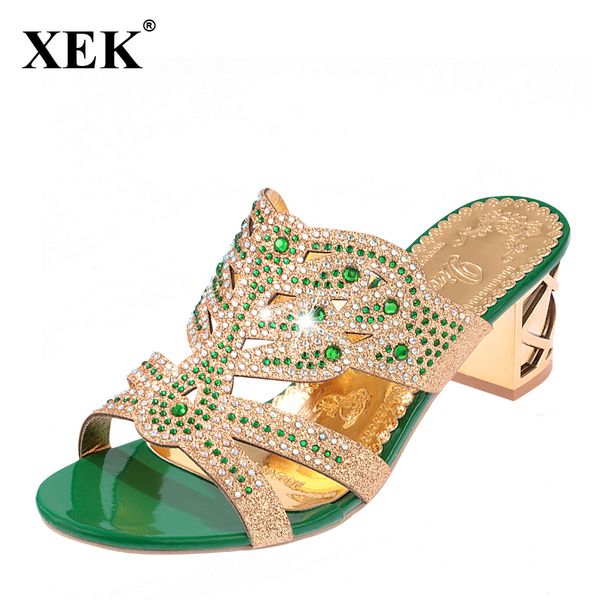 

xek 2020 летней женщины стразы тапочки моды выдалбливают высокие каблуки сандалии богемия стиль вьетнамки обувь женщина wfq86, Black