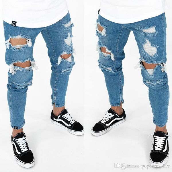 

pants casual mens clothing mens ripped pencil jeans fashion designer mid waist zipper trouser legs skinny, Blue