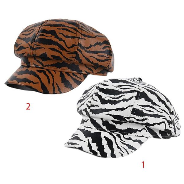 

women faux leather beret cap vintage zebra striped animal patterns hat female casual octagonal 8 panels ivy painter newsboy hat, Blue;gray