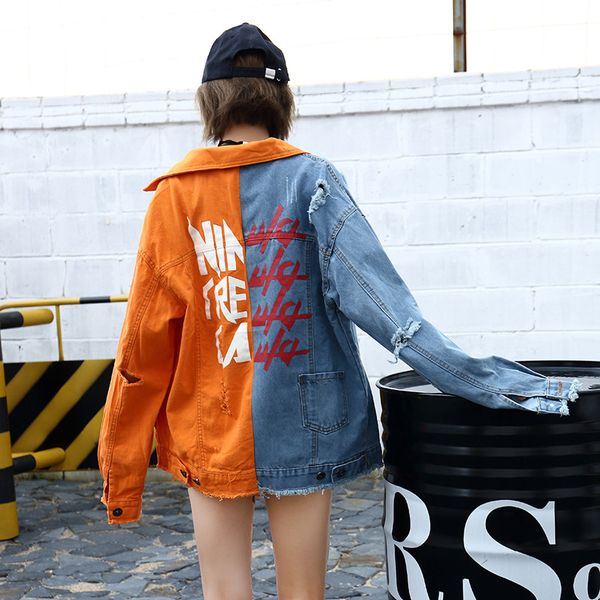 

spring 2020 new high street fashion contrast color stitching orange hole letter denim jacket women coat roupas feminina chaqueta, Black;brown