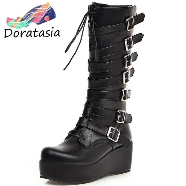 

new arrivals plus size 33-46 wedge high heels buckles shoes woman boots female platform mid calf boots women shoes, Black