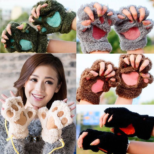 

2020 winter women cute cat claw plush mittens short fingerless gloves half finger, Blue;gray